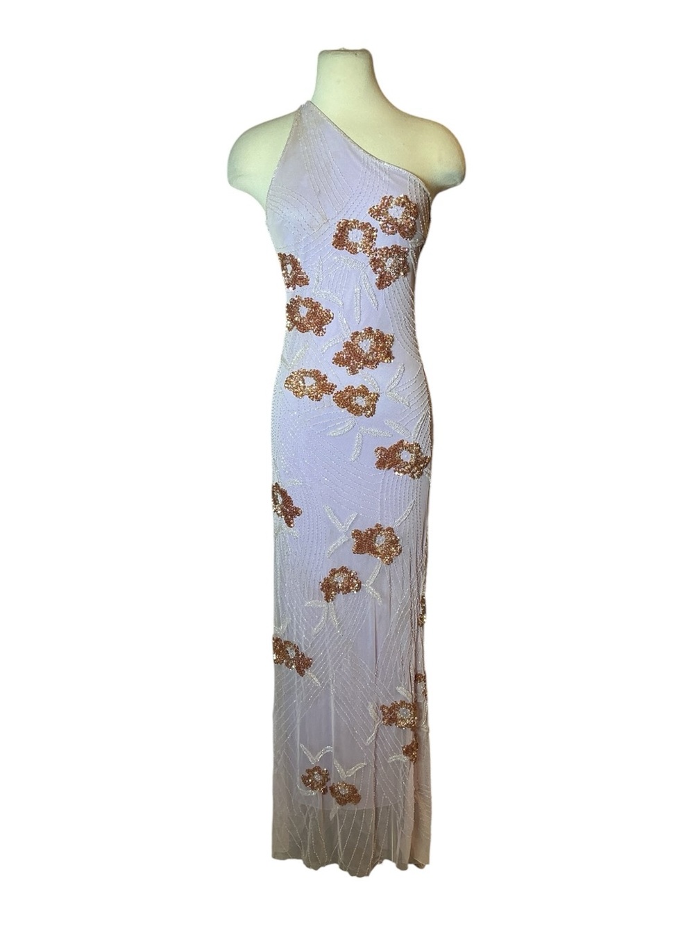 Vintage Y2K Glitz Designs Mesh Beaded one Shoulder Lilac Floral Gown size Small